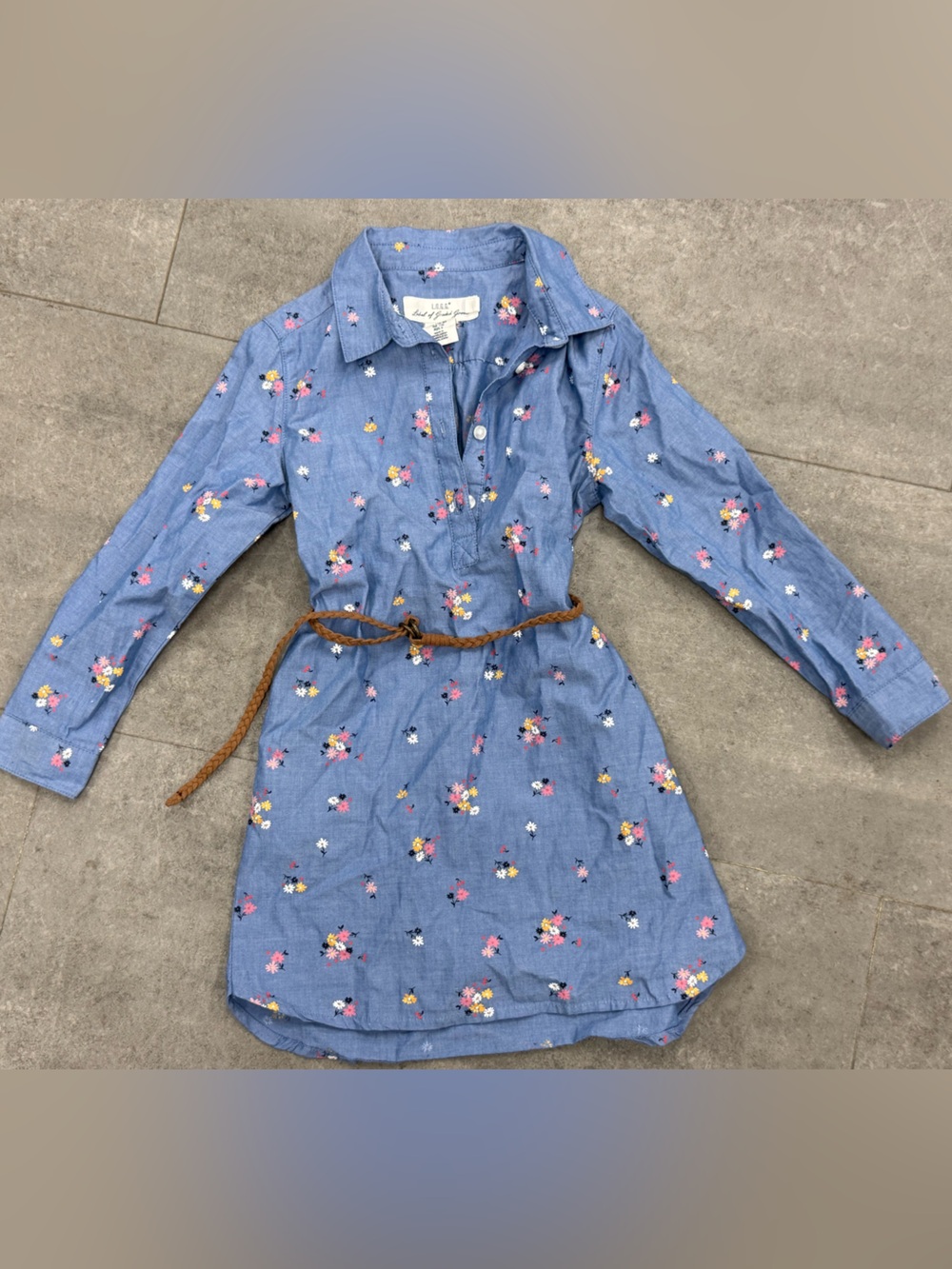 H&M L.O.G.G. Girls Chambray Floral Shirt Dress Size 4-5Y Blue Belted